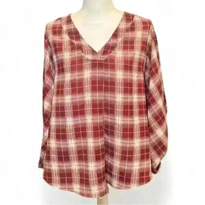 Moon River - Maroon/Cream Plaid blouse- Women’s Medium